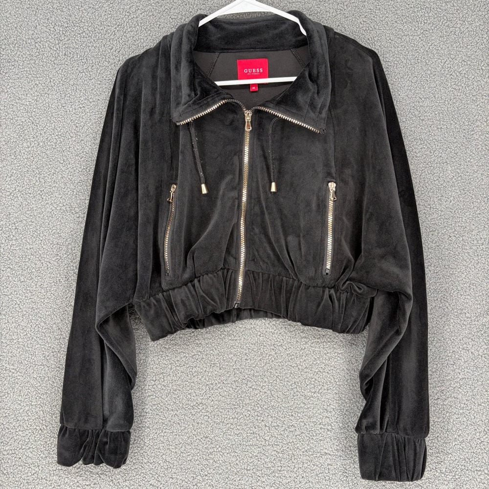 Guess Los Angeles Black Velour Cropped Zip Up Bomber Jacket Medium Gold Hardware